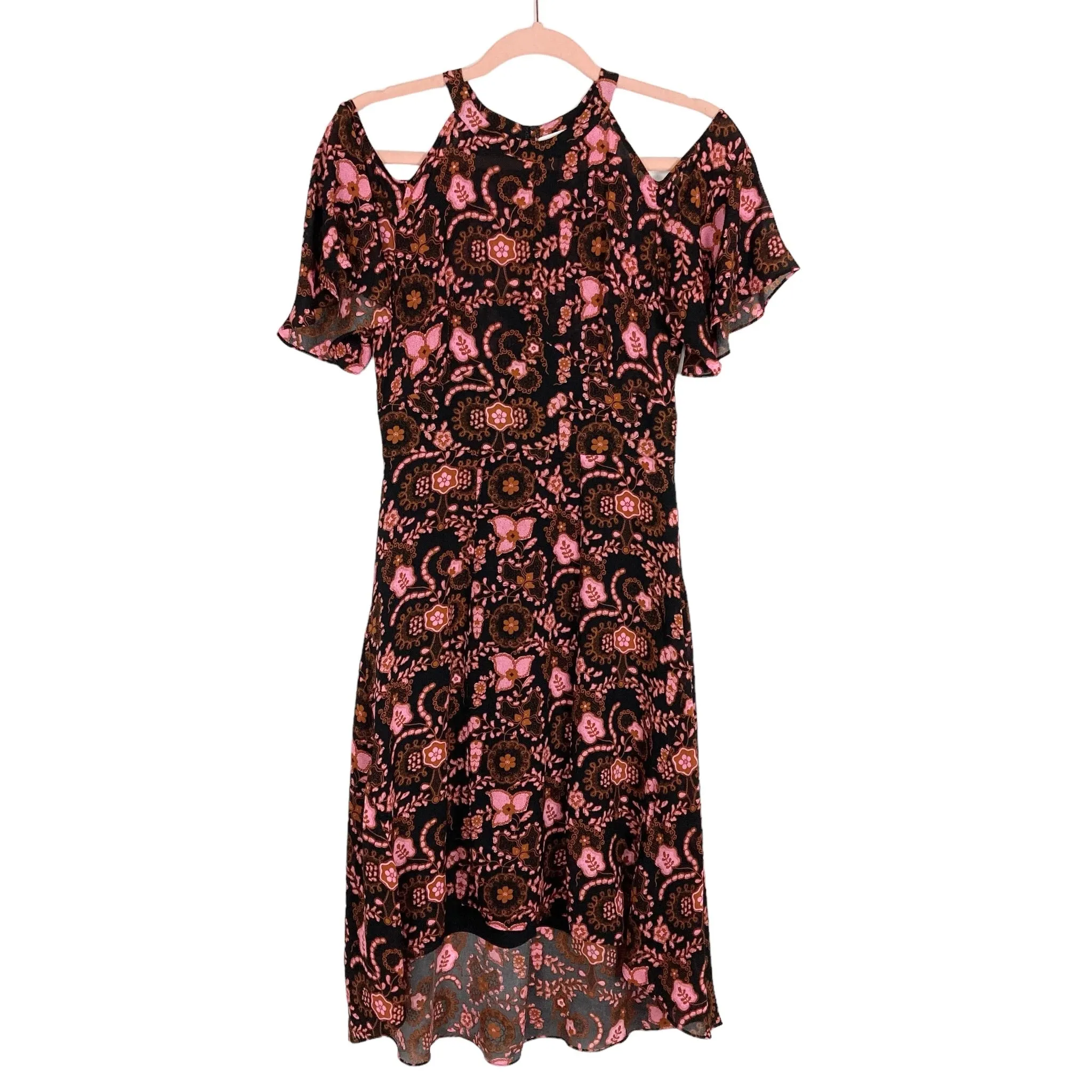 A.L.C. Black Silk Floral Cold Shoulder Exposed Back Hi/Low Dress- Size 2