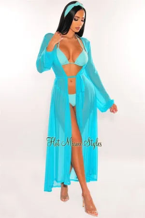 Aqua Mesh Long Sleeves Belted Maxi Cover Up