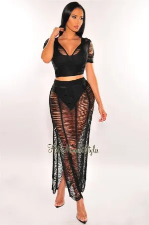 Black Crochet Knit Sheer Skirt Two Piece Set Cover Up