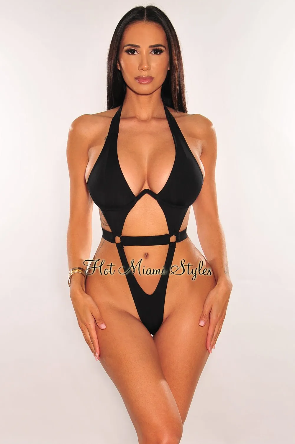 Black Halter Underwire Tie Up Cut Out Ultra High Cut Swimsuit