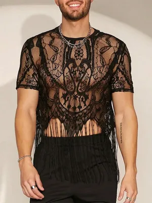 Mens Fringe Lace See Through Crop Top SKUK54943