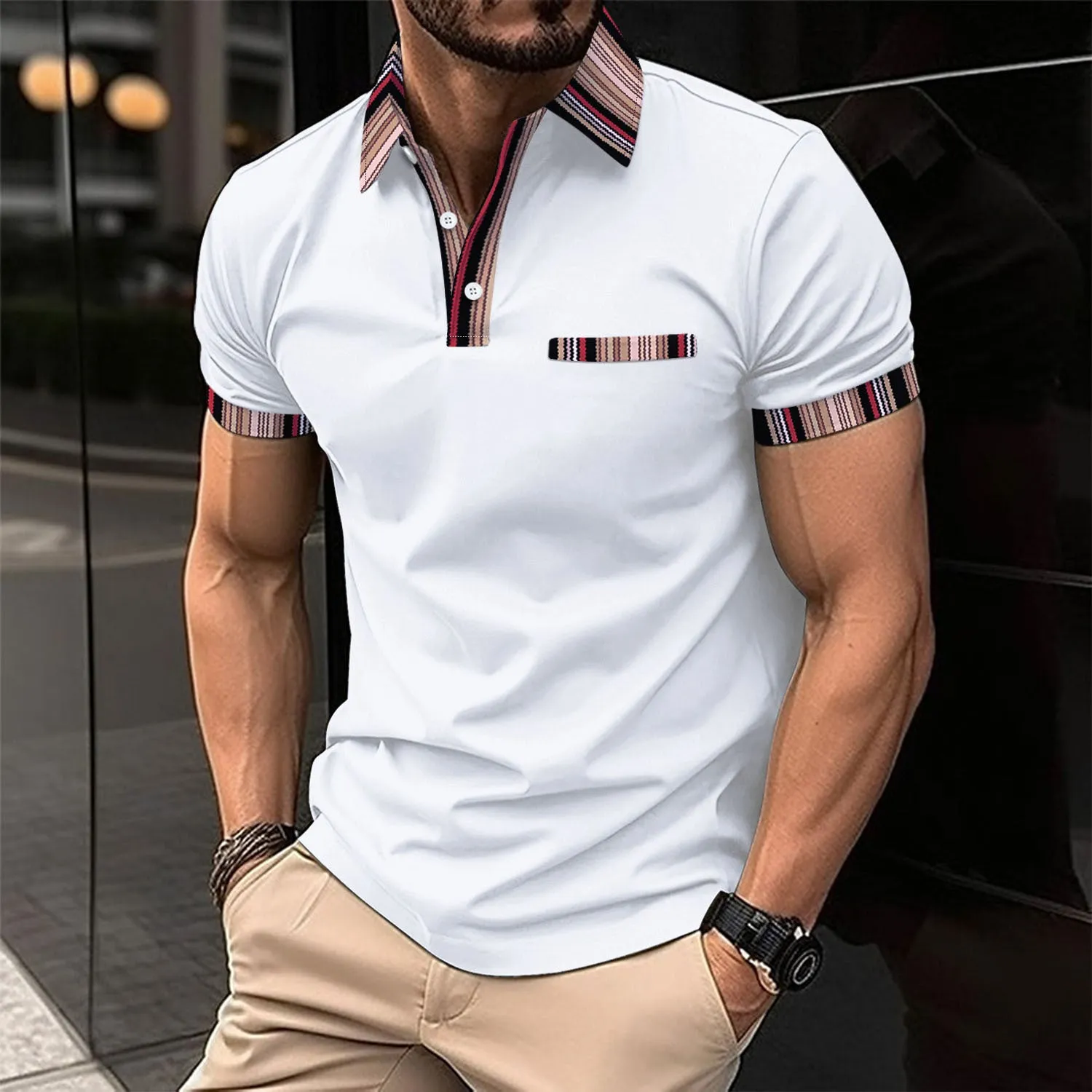 Printed Collar Button Versatile Men's T-shirt - SEE SIZE CHART