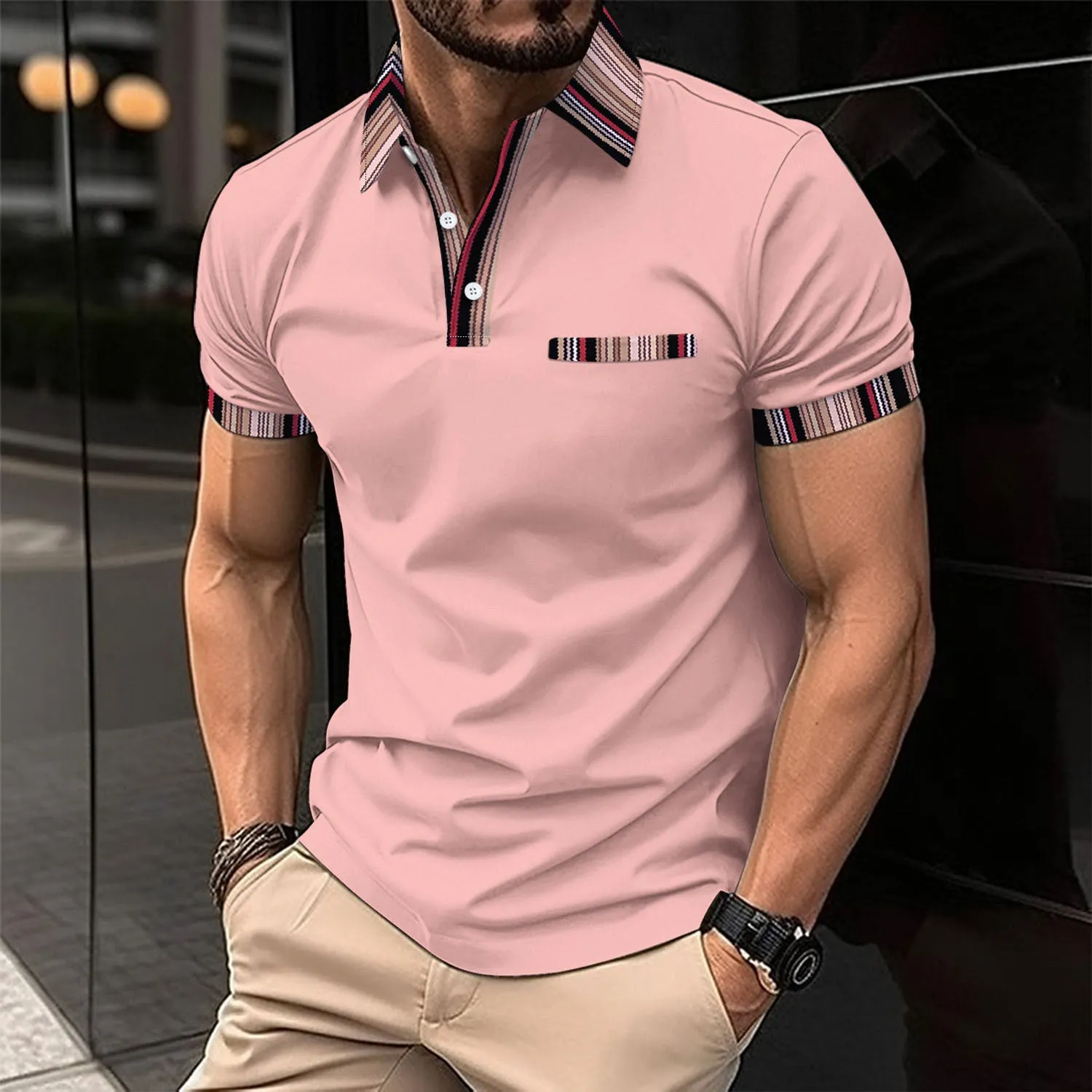 Printed Collar Button Versatile Men's T-shirt - SEE SIZE CHART