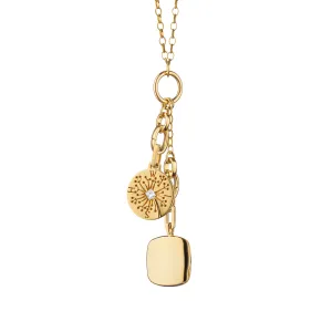 "Wish" Dandelion Intaglio Charm and "Viv" Cushion Locket 18K Gold Charm Necklace