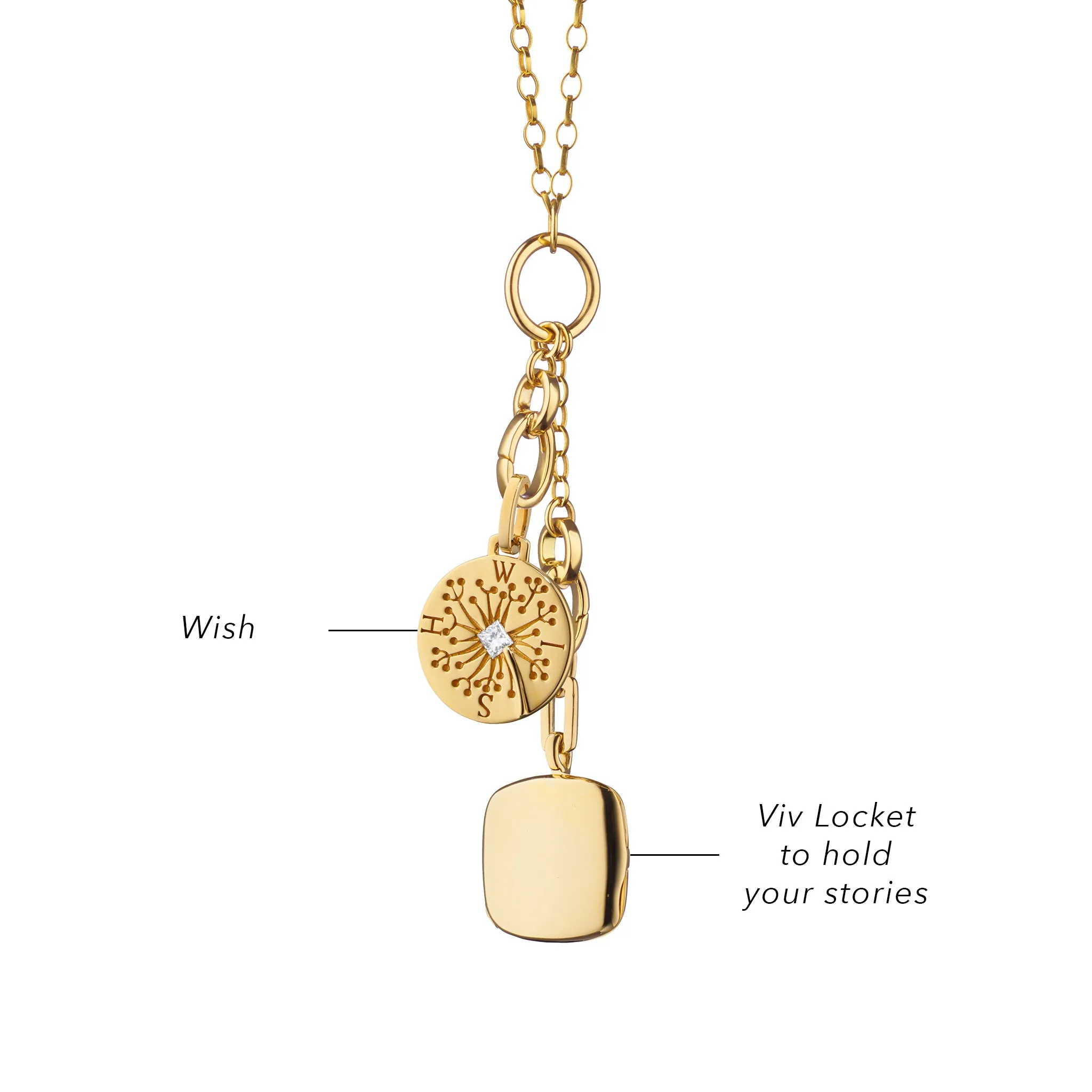 "Wish" Dandelion Intaglio Charm and "Viv" Cushion Locket 18K Gold Charm Necklace