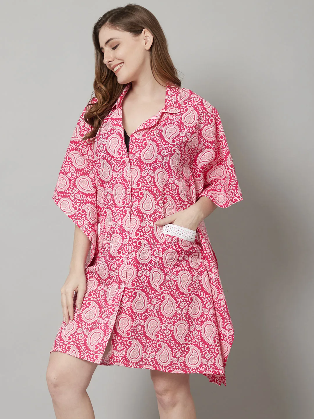 Women's Cotton Printed Short Kaftan Nighty/Loungewear- Pink