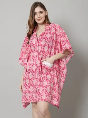 Women's Cotton Printed Short Kaftan Nighty/Loungewear- Pink